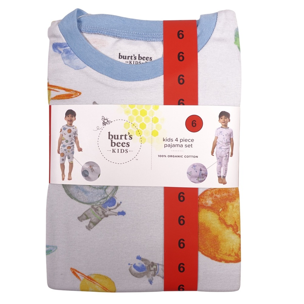 Burts Bees Kids 4 Piece Pajama Set Size 6 Organic Cotton Space Rocket Blue NWT